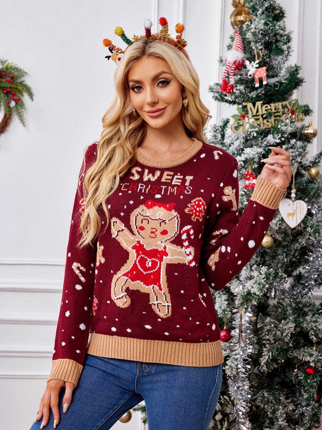 Gingerbread Round Neck Long Sleeve Sweater chic chic boutique 