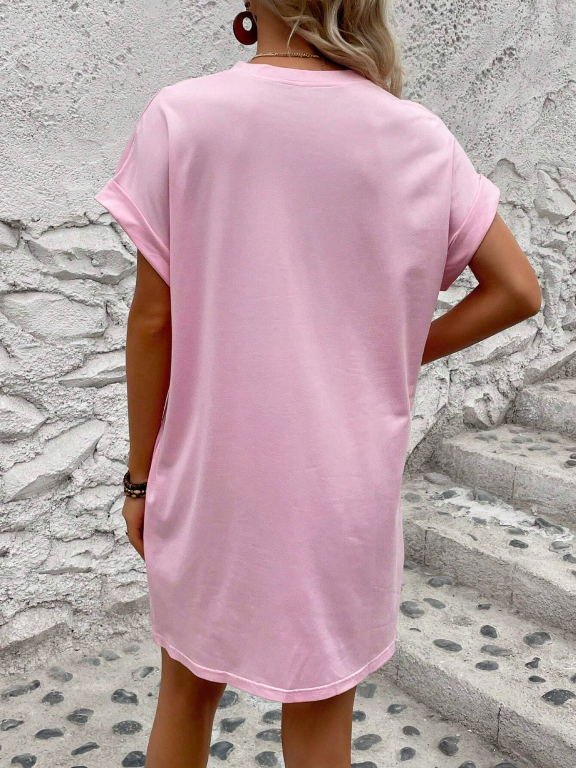 Round Neck Short Sleeve Mini Dress pink