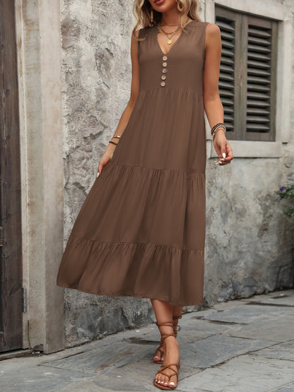 Chic Chic Button Notched Sleeveless Dress brown