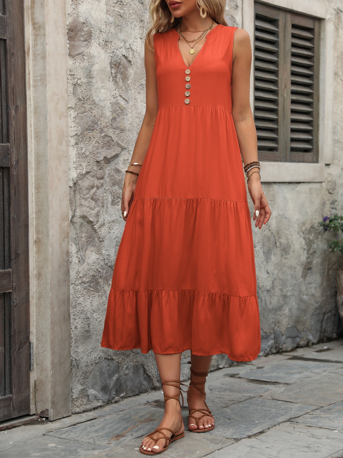 Chic Chic Button Notched Sleeveless Dress Orange