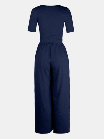 Chic Chic Scoop Neck Short Sleeve Jumpsuit navy blue