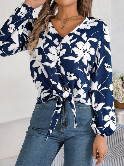 Printed V-Neck Long Sleeve Blouse