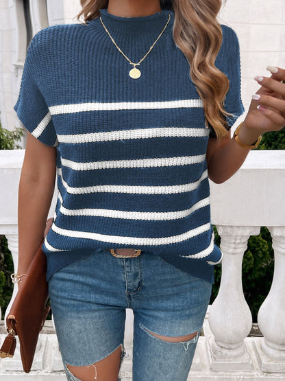 Striped Mock Neck Short Sleeve Sweater