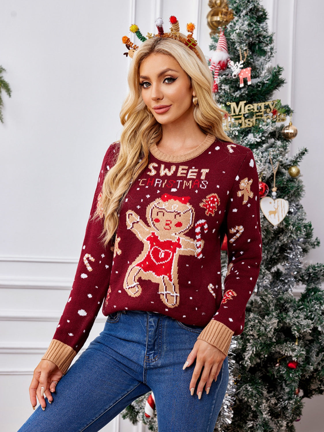 Gingerbread Round Neck Long Sleeve Sweater chic chic boutique 