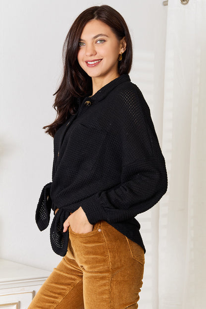 Chic Chic Waffle-Knit Collared Neck Dropped Shoulder Shirt