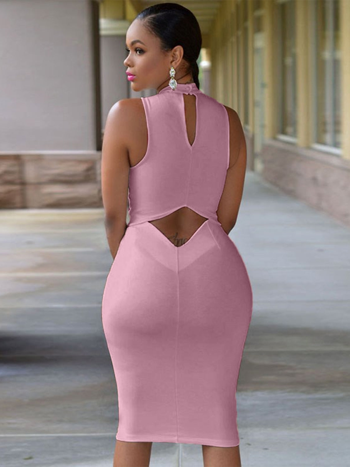 Cutout Mock Neck Sleeveless Dress Pink