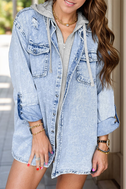 Distressed Button Up Long Sleeve Denim Jacket