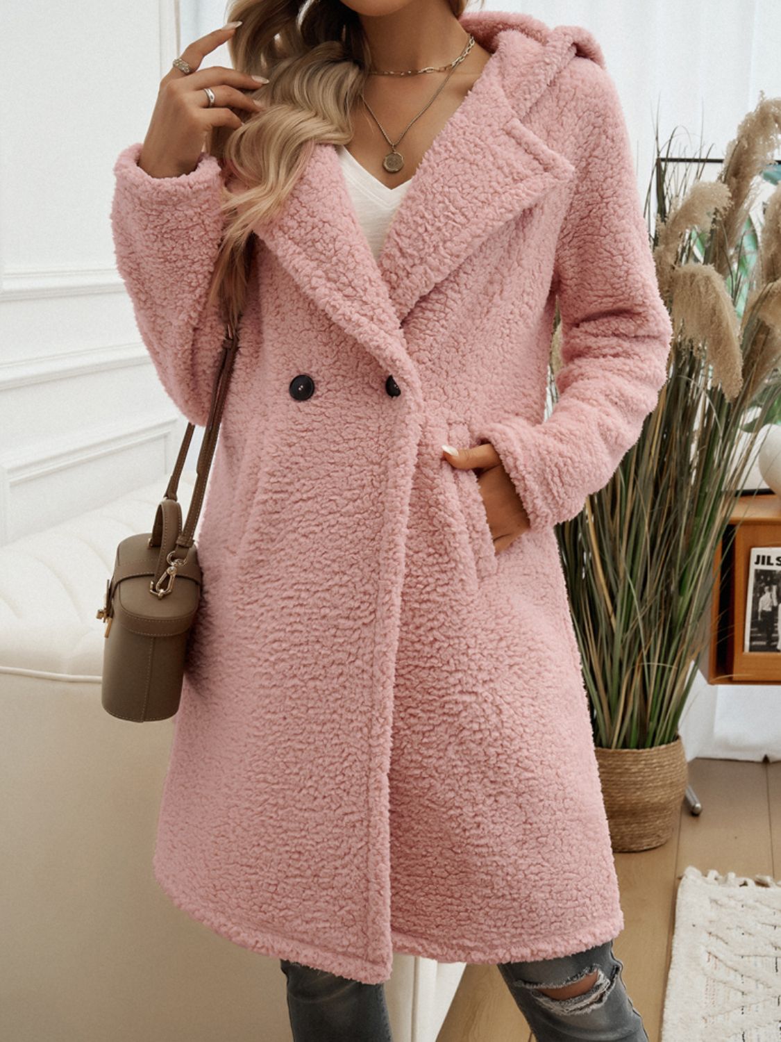 Devine Pocketed Long Sleeve Hooded Teddy Coat misty pink