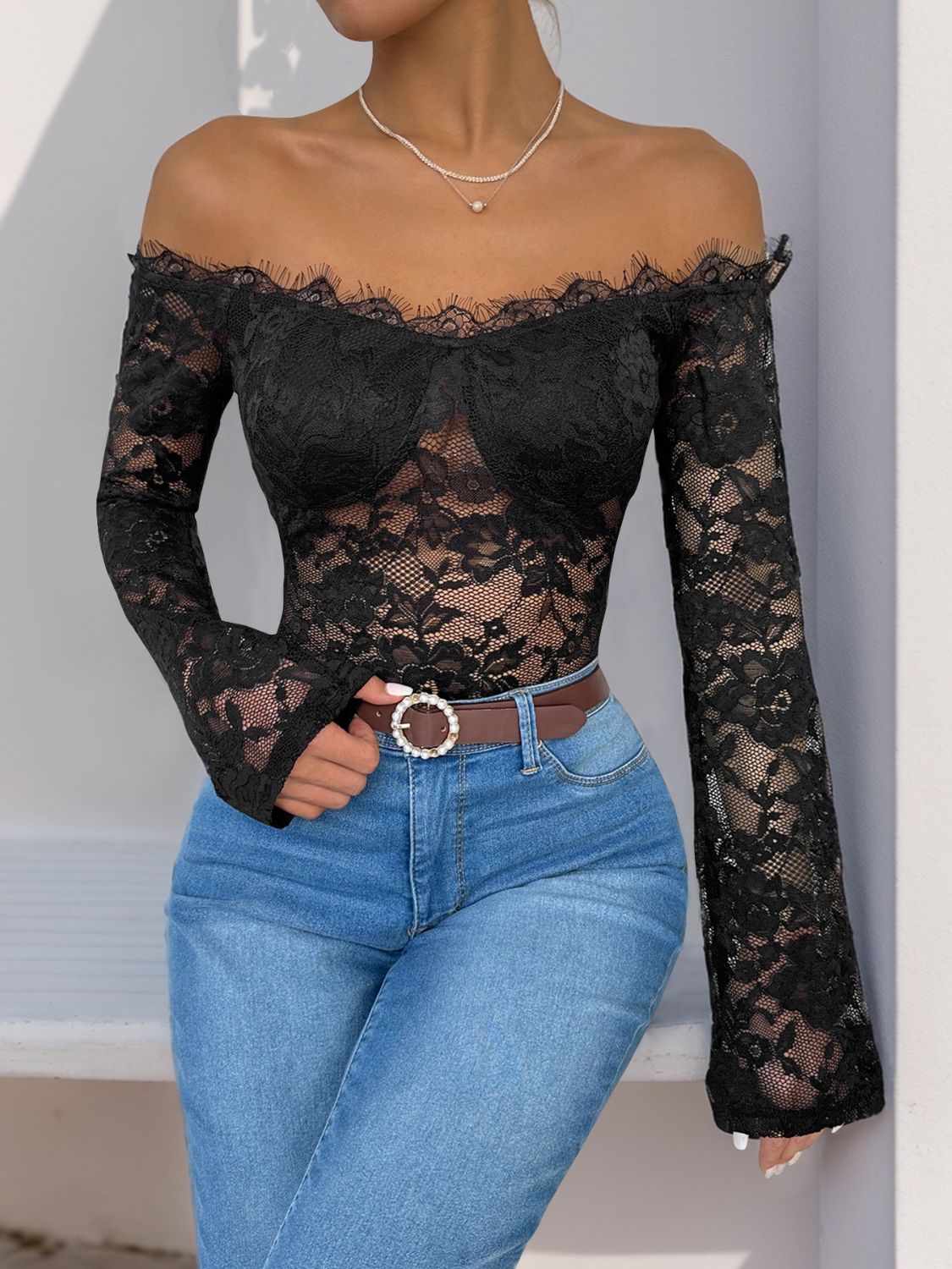 Perfee Lace Off-Shoulder Long Sleeve Bodysuit