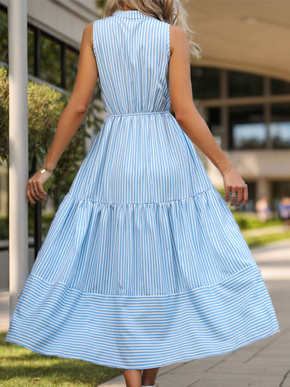 Striped Notched Sleeveless Midi Dress