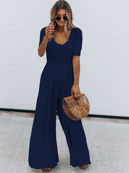 Chic Chic Scoop Neck Short Sleeve Jumpsuit navy blue