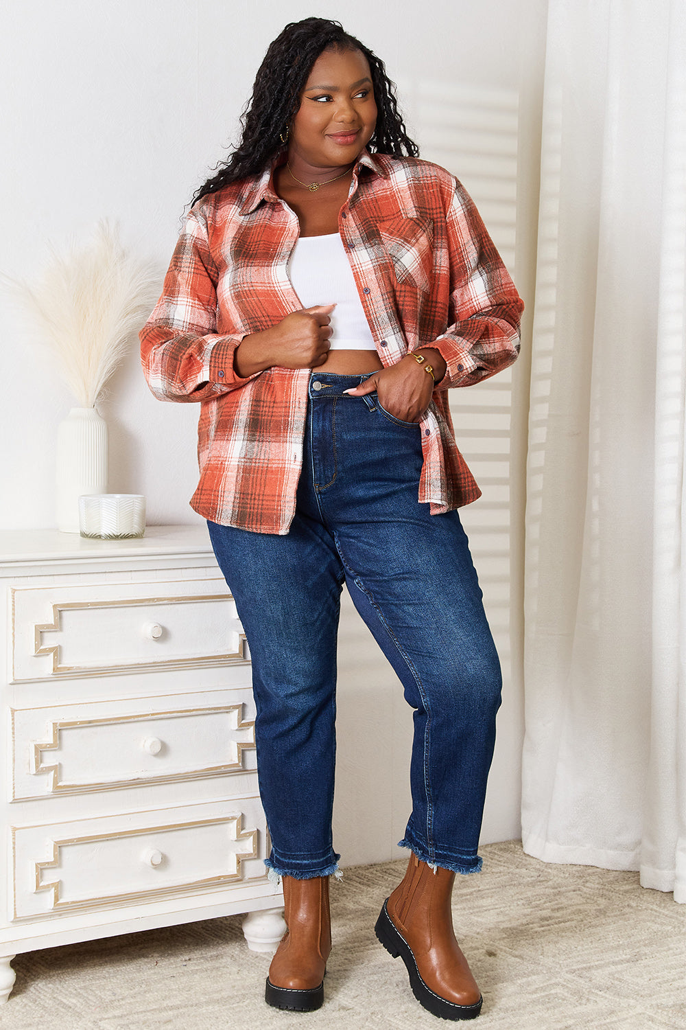 Chic Chic Plaid Collared Neck Long Sleeve Shirt