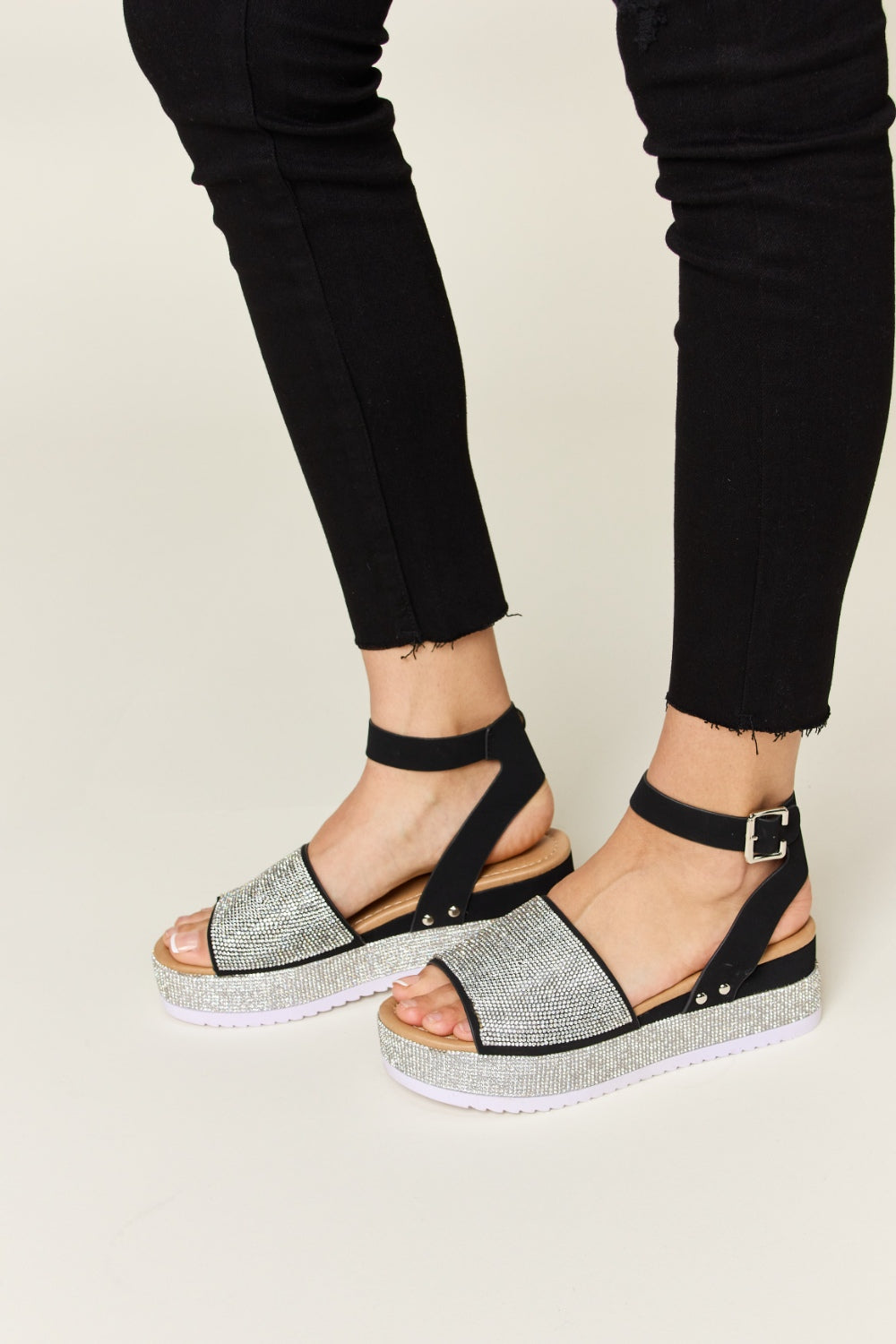 Chic Chic Rhinestone Buckle Strappy Wedge Sandals