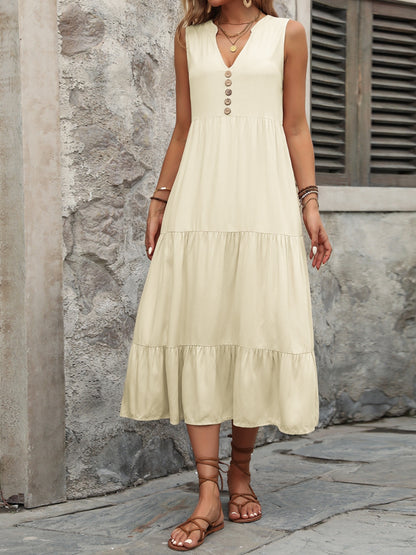 Chic Chic Button Notched Sleeveless Dress beige