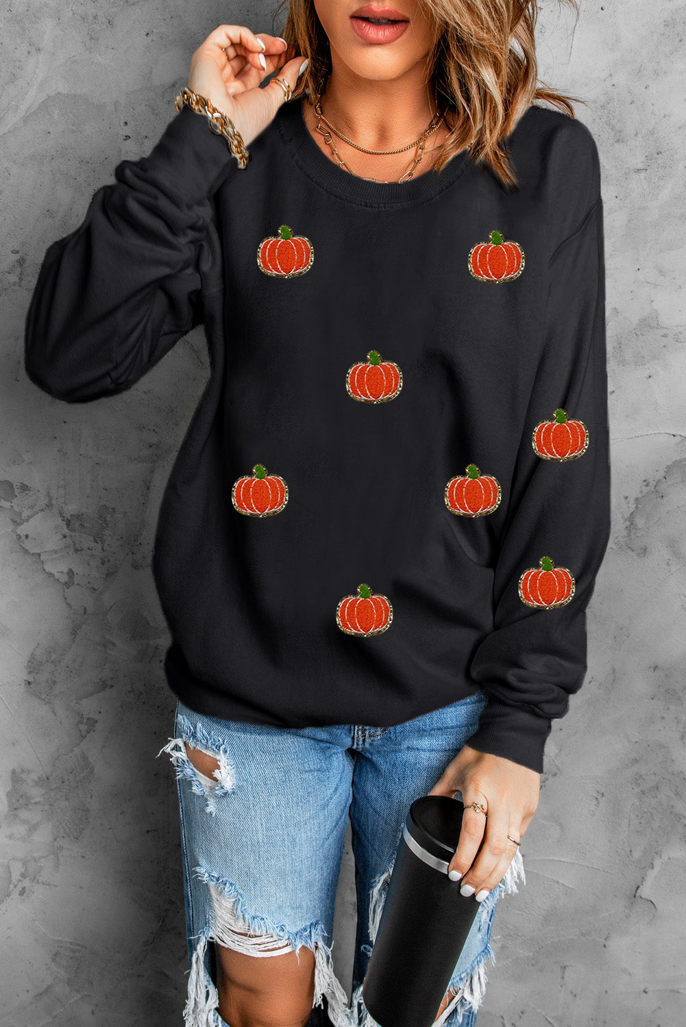 Pumpkin Round Neck Long Sleeve Sweatshirt front