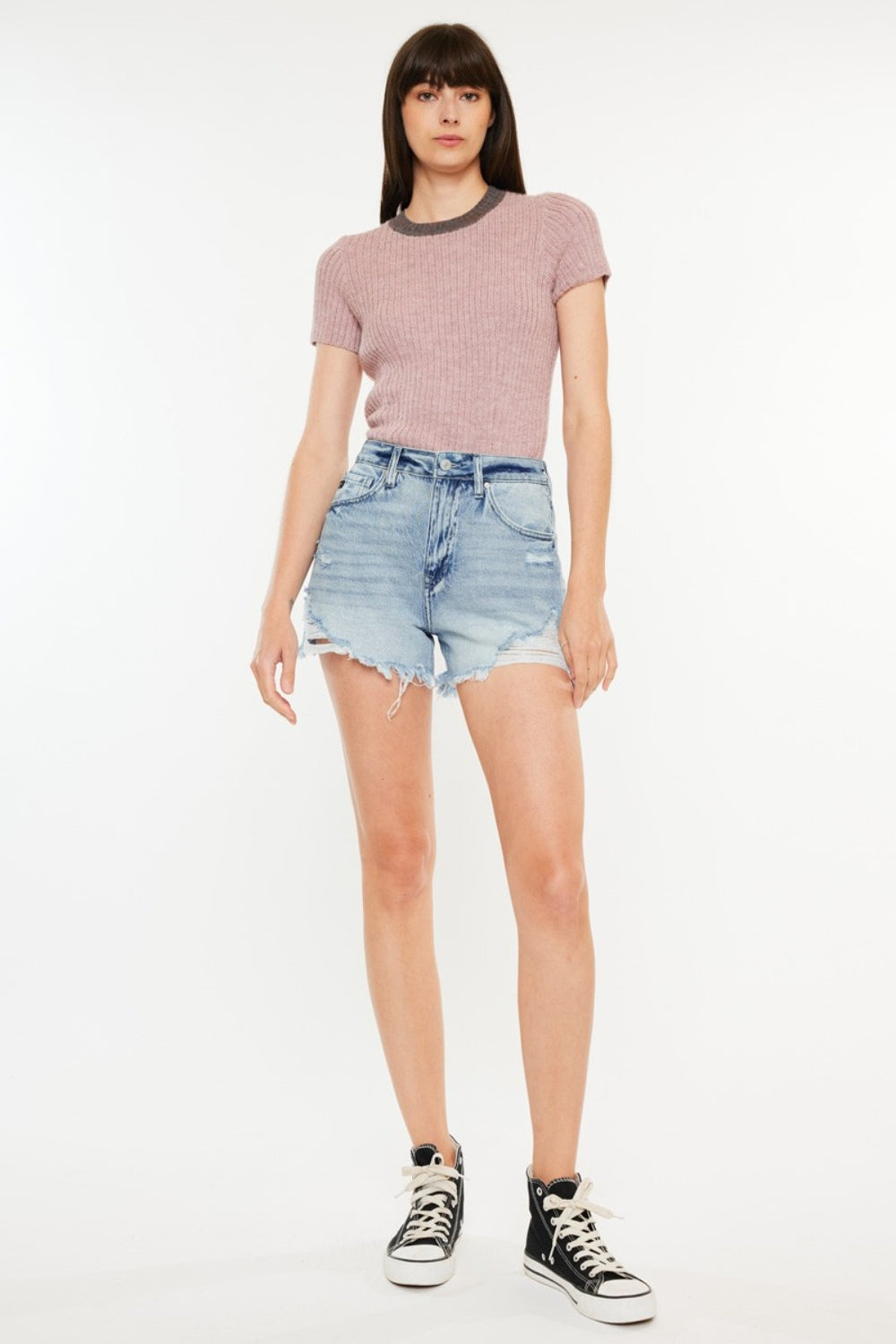 Chic Chic Distressed High Waist Denim Shorts with Pockets