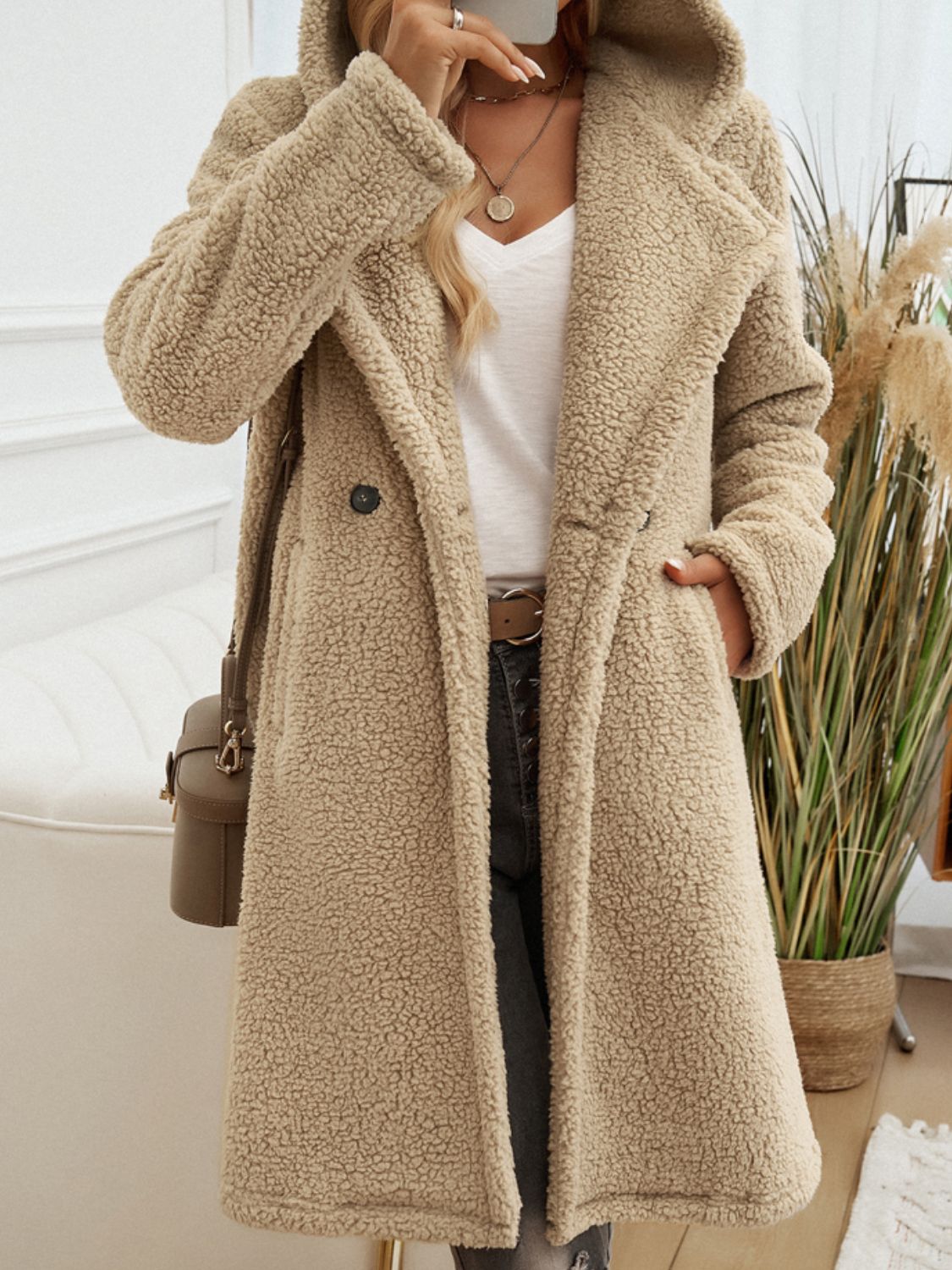 Devine Pocketed Long Sleeve Hooded Teddy Coat camel front 