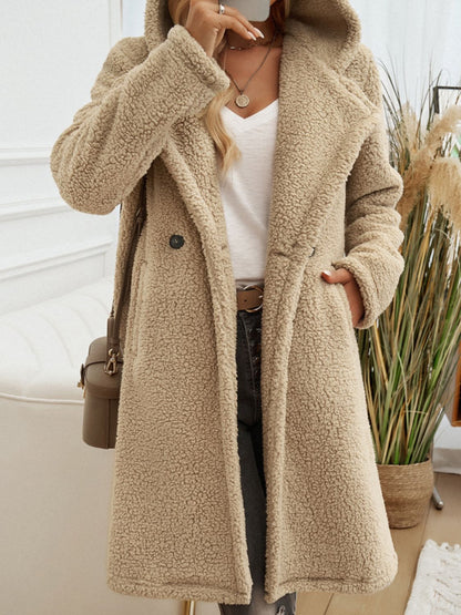 Devine Pocketed Long Sleeve Hooded Teddy Coat camel front 