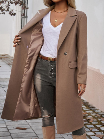 Pocketed Collared Neck Long Sleeve Coat Taupe