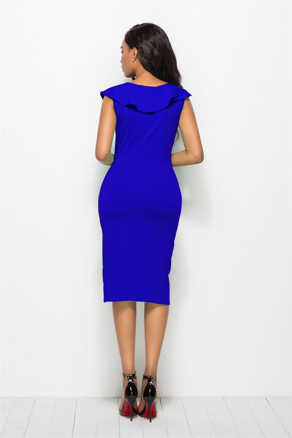 Ruched Ruffled Cap Sleeve Dress blue