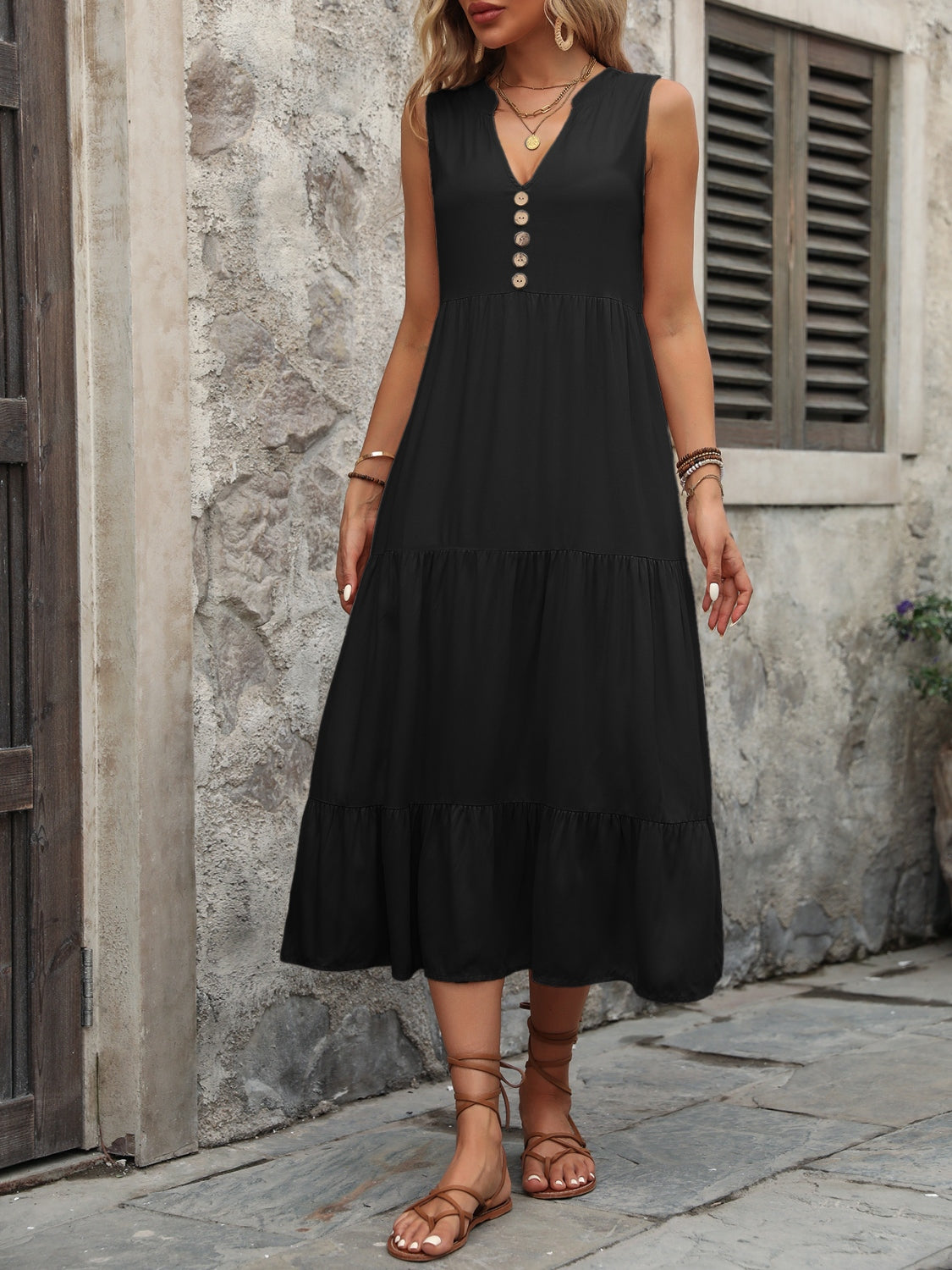 Chic Chic Button Notched Sleeveless Dress black