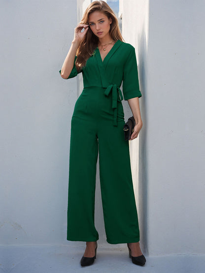 Wrap-Style Half Sleeve Jumpsuit with Wide Legs Green