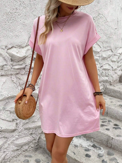 Round Neck Short Sleeve Mini Dress pink