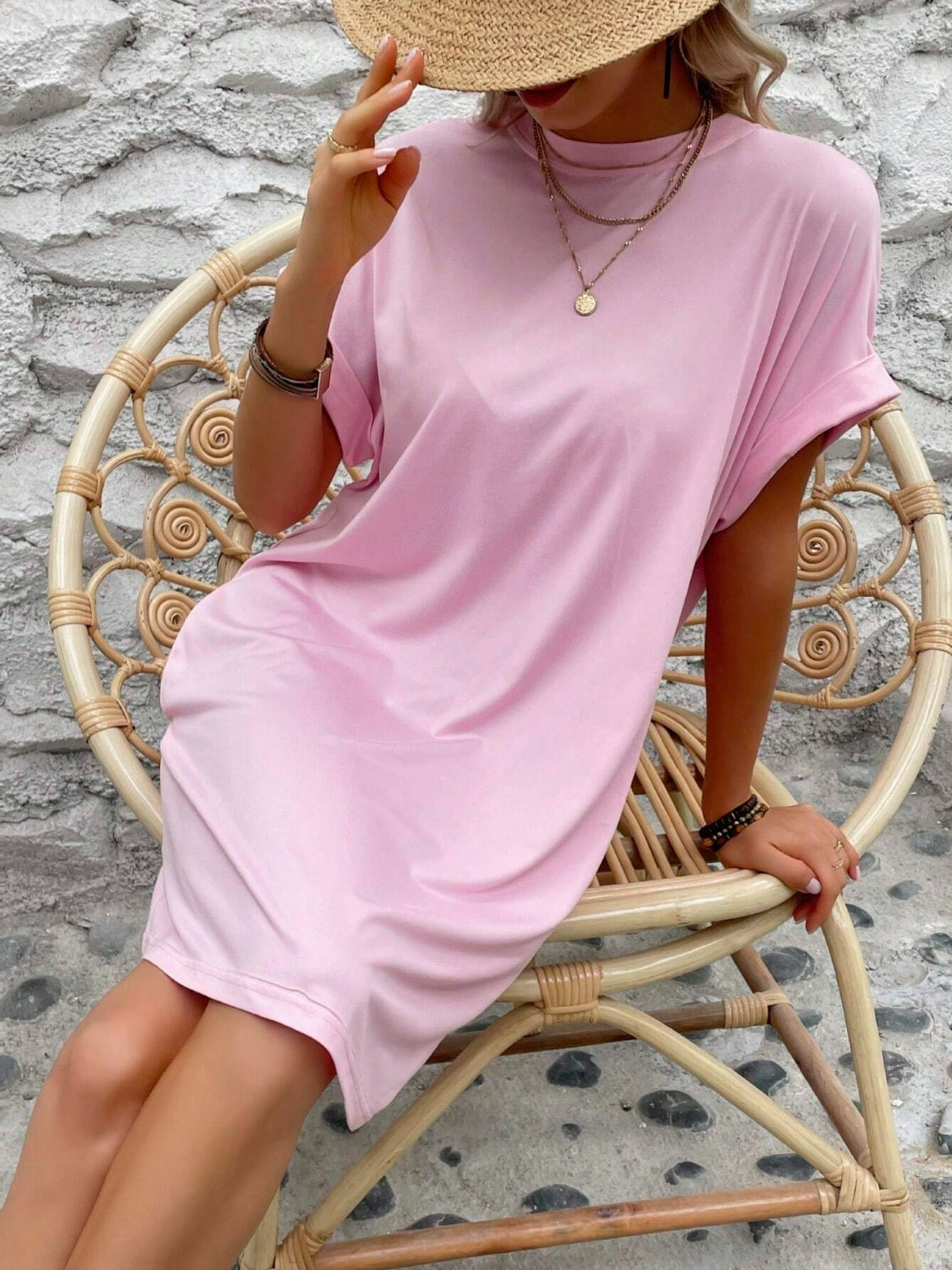 Round Neck Short Sleeve Mini Dress pink